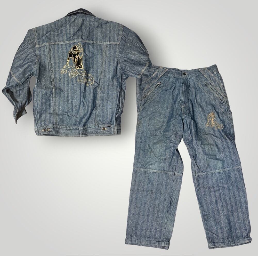 Vintage Godbody Y2K Baggy Skater Denim Set Embroidered Dice Jacket L Jeans 34